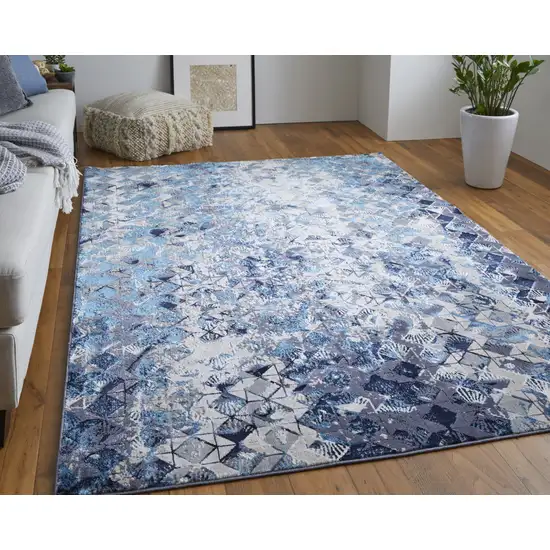 Blue Ivory And Gray Geometric Power Loom Distressed Area Rug Photo 3