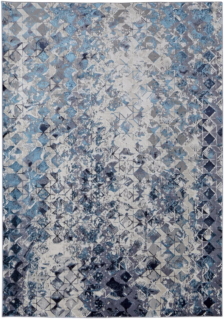 Blue Ivory And Gray Geometric Power Loom Distressed Area Rug Photo 1