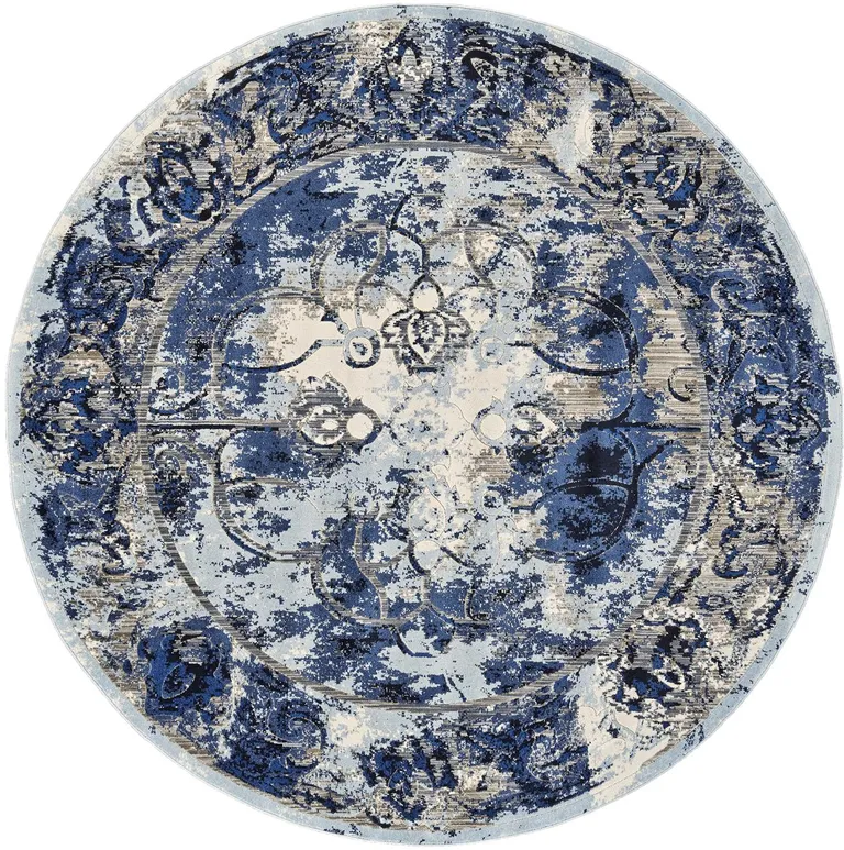 Blue Ivory And Gray Round Floral Distressed Stain Resistant Area Rug Photo 1