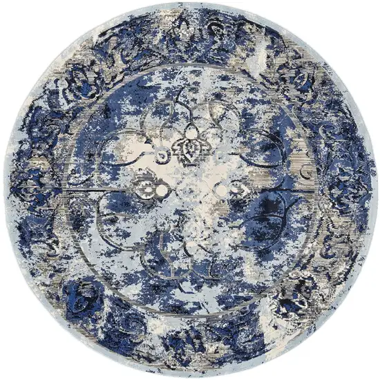 Blue Ivory And Gray Round Floral Distressed Stain Resistant Area Rug Photo 1