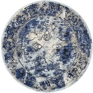 Photo of Blue Ivory And Gray Round Floral Distressed Stain Resistant Area Rug