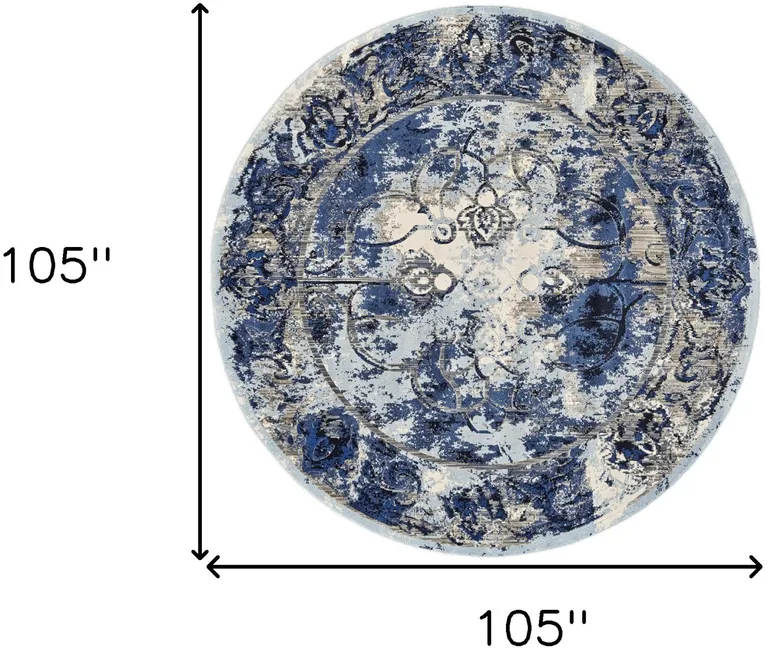 Blue Ivory And Gray Round Floral Distressed Stain Resistant Area Rug Photo 5