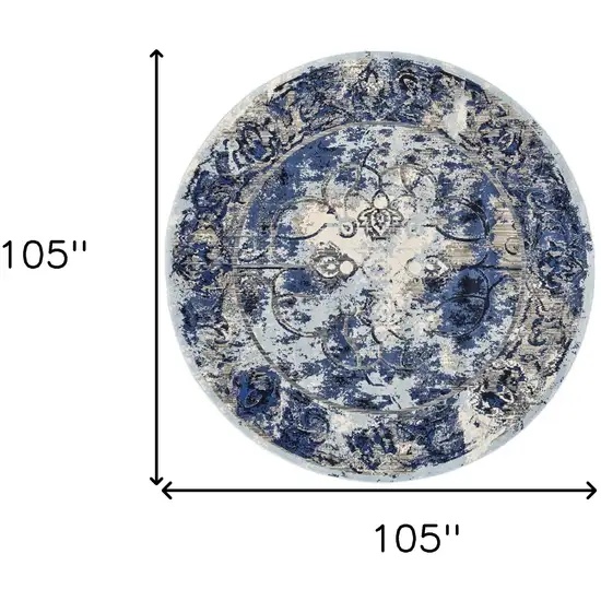 Blue Ivory And Gray Round Floral Distressed Stain Resistant Area Rug Photo 5