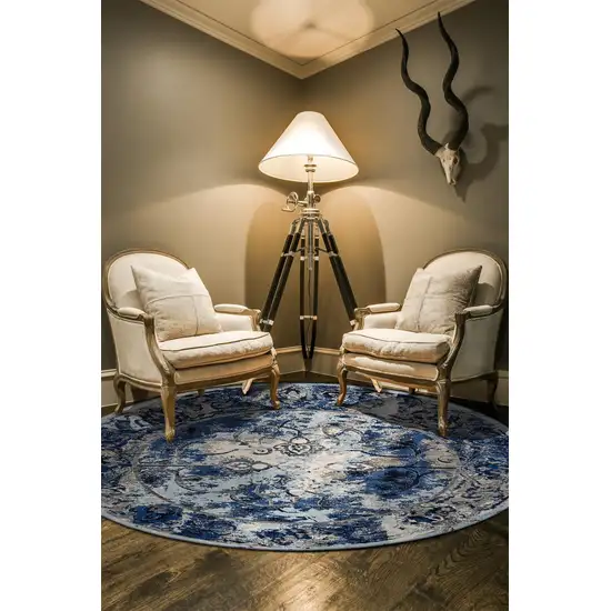 Blue Ivory And Gray Round Floral Distressed Stain Resistant Area Rug Photo 3