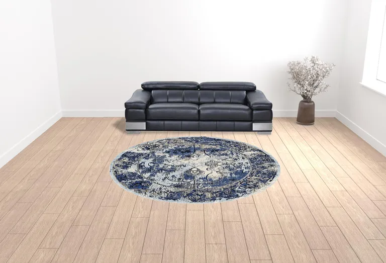 Blue Ivory And Gray Round Floral Distressed Stain Resistant Area Rug Photo 2