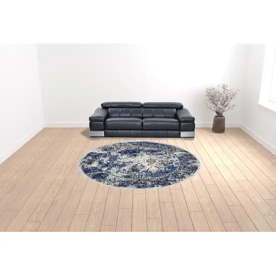 Blue Ivory And Gray Round Floral Distressed Stain Resistant Area Rug Photo 2