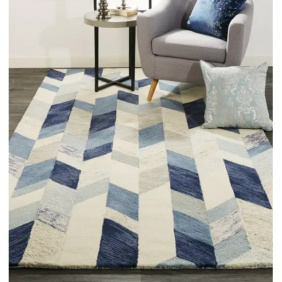 Blue Ivory And Gray Wool Geometric Tufted Handmade Area Rug Photo 6