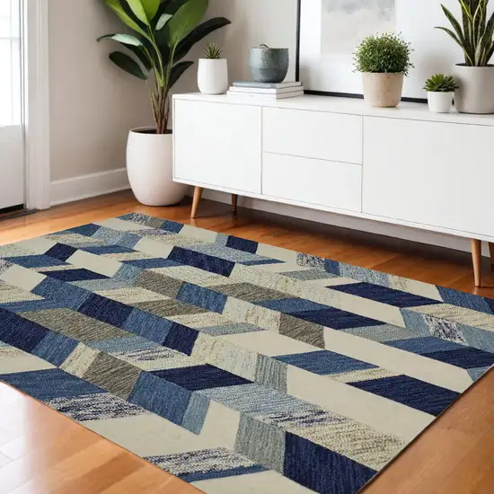 Blue Ivory And Gray Wool Geometric Tufted Handmade Area Rug Photo 1