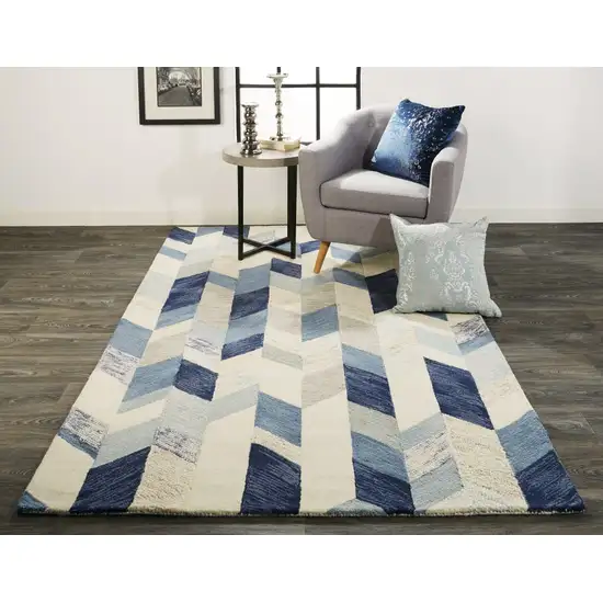 Blue Ivory And Gray Wool Geometric Tufted Handmade Area Rug Photo 5