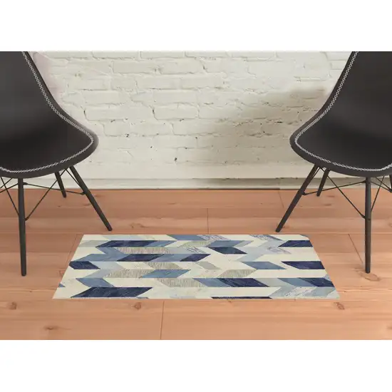 Blue Ivory And Gray Wool Geometric Tufted Handmade Area Rug Photo 2