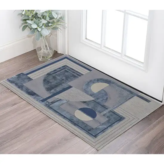 Blue and Gray Wool Striped Hand Tufted Area Rug Photo 1