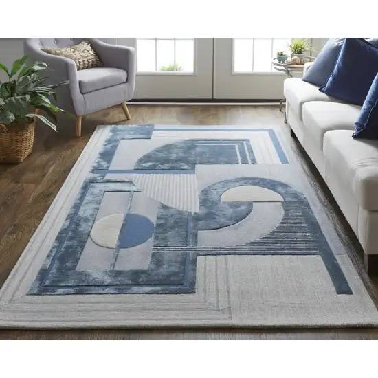 Blue Ivory And Gray Wool Striped Tufted Handmade Area Rug Photo 8