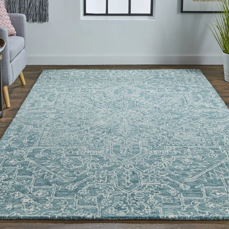 Blue Ivory And Green Wool Floral Tufted Handmade Stain Resistant Area Rug Photo 3