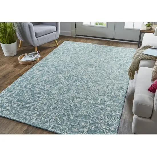 Blue Ivory And Green Wool Floral Tufted Handmade Stain Resistant Area Rug Photo 4