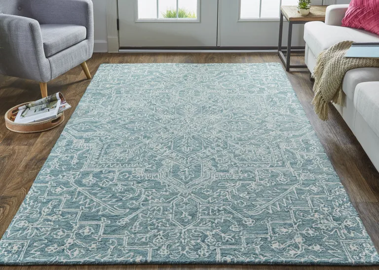 Blue Ivory And Green Wool Floral Tufted Handmade Stain Resistant Area Rug Photo 5