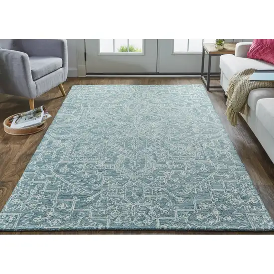 Blue Ivory And Green Wool Floral Tufted Handmade Stain Resistant Area Rug Photo 5