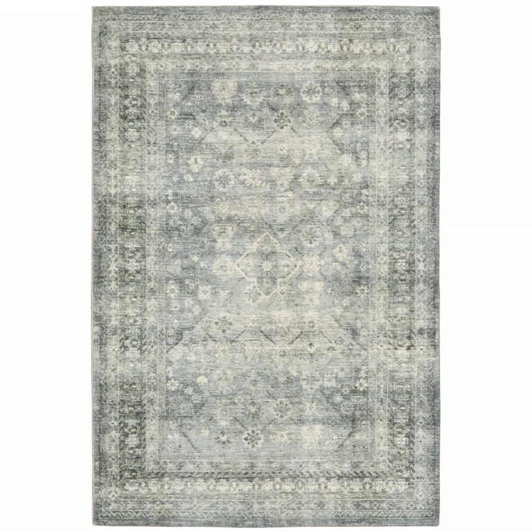 Blue Ivory And Grey Oriental Power Loom Stain Resistant Area Rug Photo 2