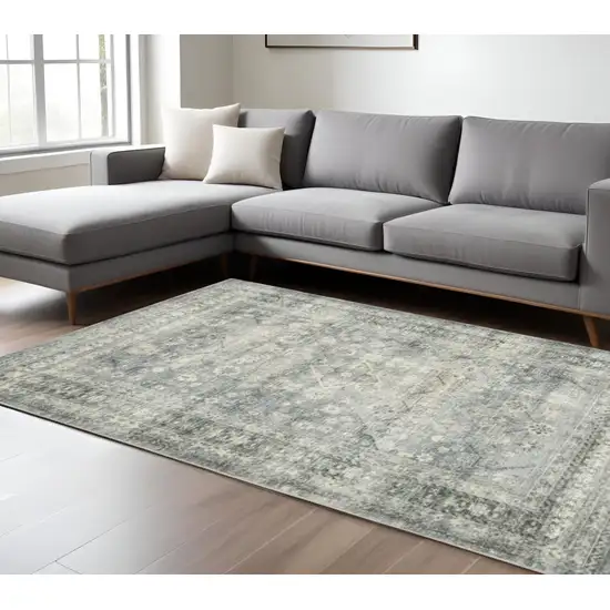 Green and Ivory Oriental Power Loom Area Rug Photo 2