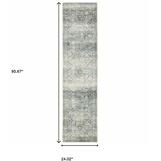 Blue Ivory And Grey Oriental Power Loom Stain Resistant Runner Rug Photo 10