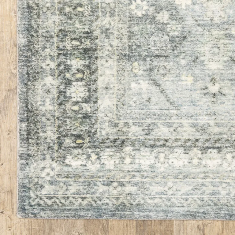 Blue Ivory And Grey Oriental Power Loom Stain Resistant Runner Rug Photo 2