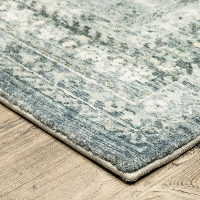 Blue Ivory And Grey Oriental Power Loom Stain Resistant Runner Rug Photo 5