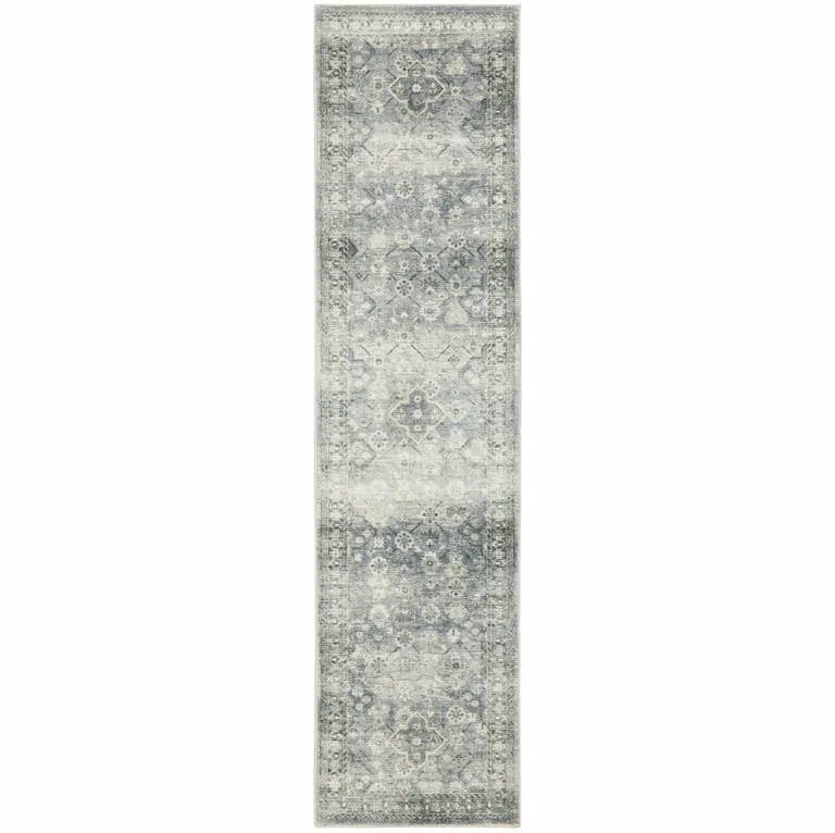 Blue Ivory And Grey Oriental Power Loom Stain Resistant Runner Rug Photo 1