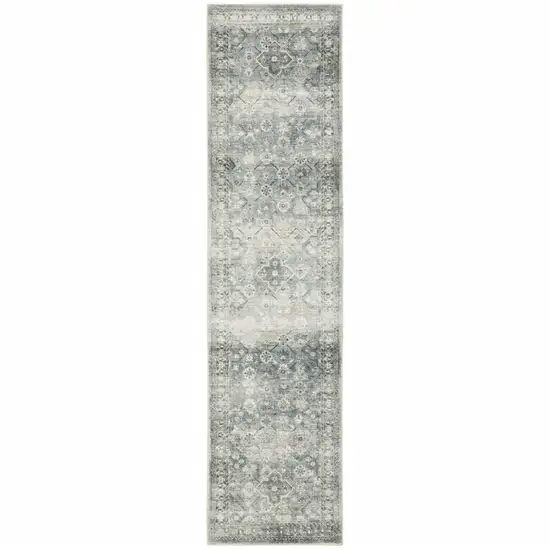 Blue Ivory And Grey Oriental Power Loom Stain Resistant Runner Rug Photo 1