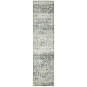 Photo of Blue Ivory And Grey Oriental Power Loom Stain Resistant Runner Rug