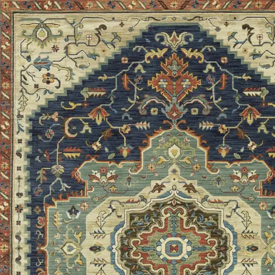 Blue Ivory And Orange Oriental Area Rug With Fringe Photo 9