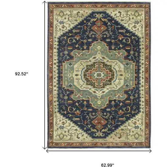 Blue Ivory And Orange Oriental Area Rug With Fringe Photo 3