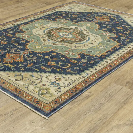 Blue Ivory And Orange Oriental Area Rug With Fringe Photo 4