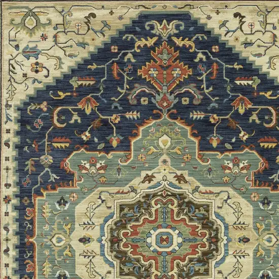 Blue Ivory And Orange Oriental Area Rug With Fringe Photo 9