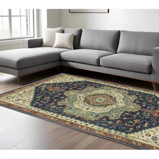 Blue Ivory And Orange Oriental Area Rug With Fringe Photo 1