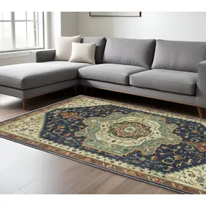 Photo of Blue Ivory And Orange Oriental Area Rug With Fringe