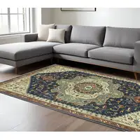 Photo of Blue Ivory And Orange Oriental Area Rug With Fringe