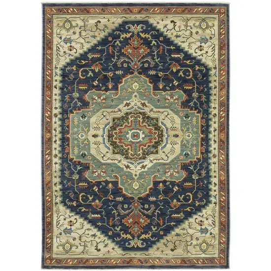 Blue Ivory And Orange Oriental Area Rug With Fringe Photo 2