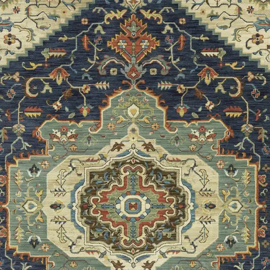 Blue Ivory And Orange Oriental Area Rug With Fringe Photo 9