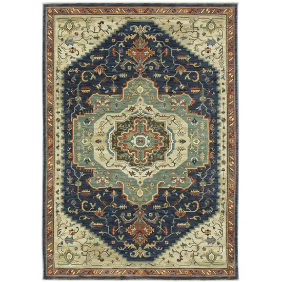 Blue Ivory And Orange Oriental Area Rug With Fringe Photo 4