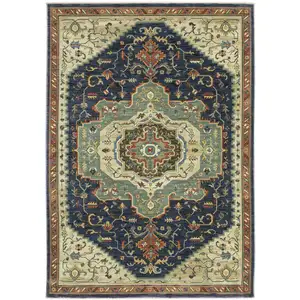 Photo of Blue Ivory And Orange Oriental Area Rug With Fringe