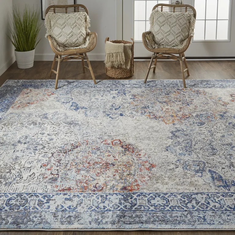 Blue Ivory And Red Floral Power Loom Distressed Stain Resistant Area Rug Photo 4