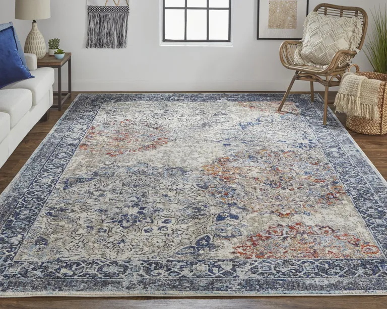 Blue Ivory And Red Floral Power Loom Distressed Stain Resistant Area Rug Photo 2