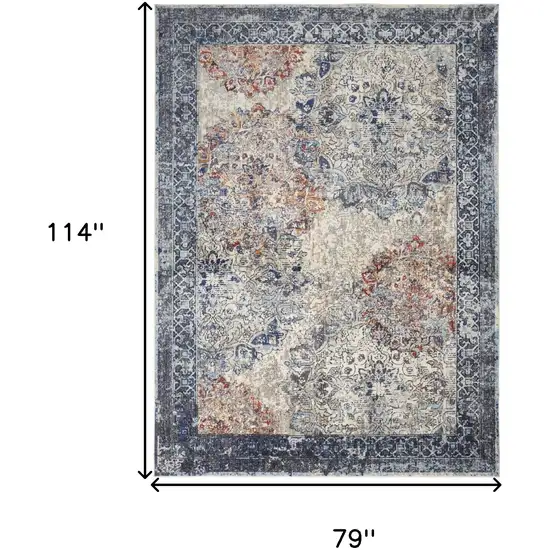 Blue Ivory And Red Floral Power Loom Distressed Stain Resistant Area Rug Photo 10