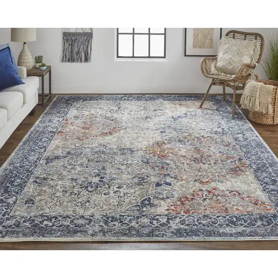 Blue Ivory And Red Floral Power Loom Distressed Stain Resistant Area Rug Photo 6