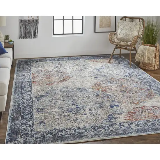 Blue Ivory And Red Floral Power Loom Distressed Stain Resistant Area Rug Photo 7