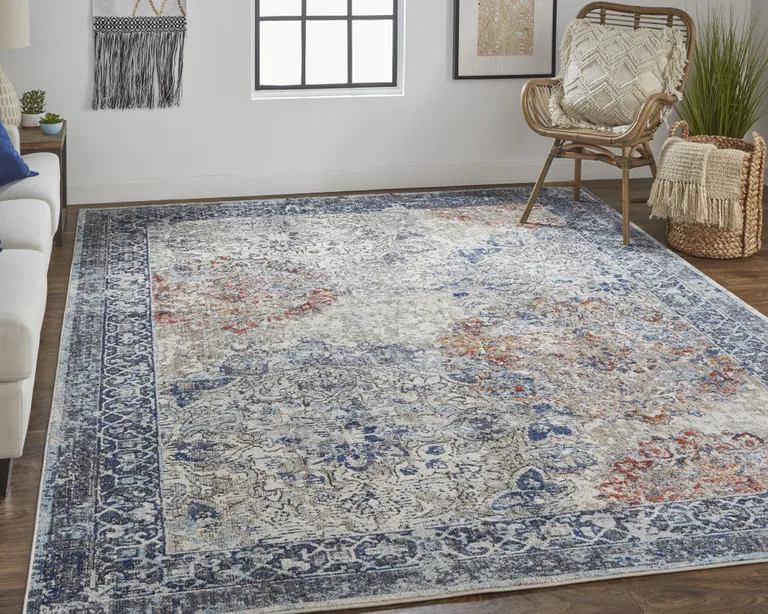 Blue Ivory And Red Floral Power Loom Distressed Stain Resistant Area Rug Photo 3