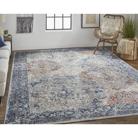 Blue Ivory And Red Floral Power Loom Distressed Stain Resistant Area Rug Photo 3