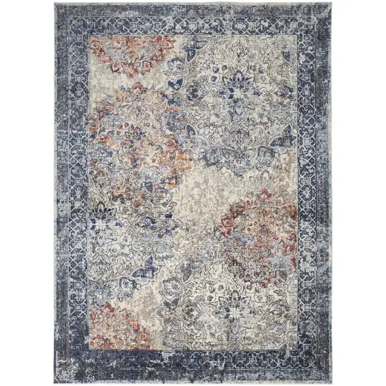 Blue Ivory And Red Floral Power Loom Distressed Stain Resistant Area Rug Photo 1