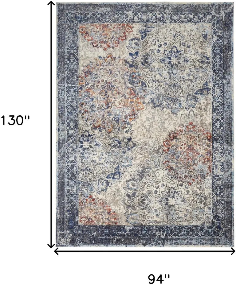 Blue Ivory And Red Floral Power Loom Distressed Stain Resistant Area Rug Photo 4