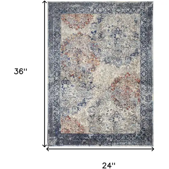 Blue Ivory And Red Floral Power Loom Distressed Stain Resistant Area Rug Photo 4