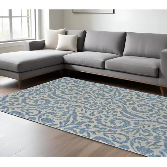 Blue and Ivory Floral Distressed Non Skid Area Rug Photo 1